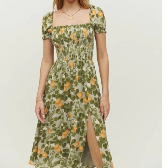 Reformation Dresses & Skirts - Reformation inka Floral Green and Orange Dress Drop Waist Sz Med